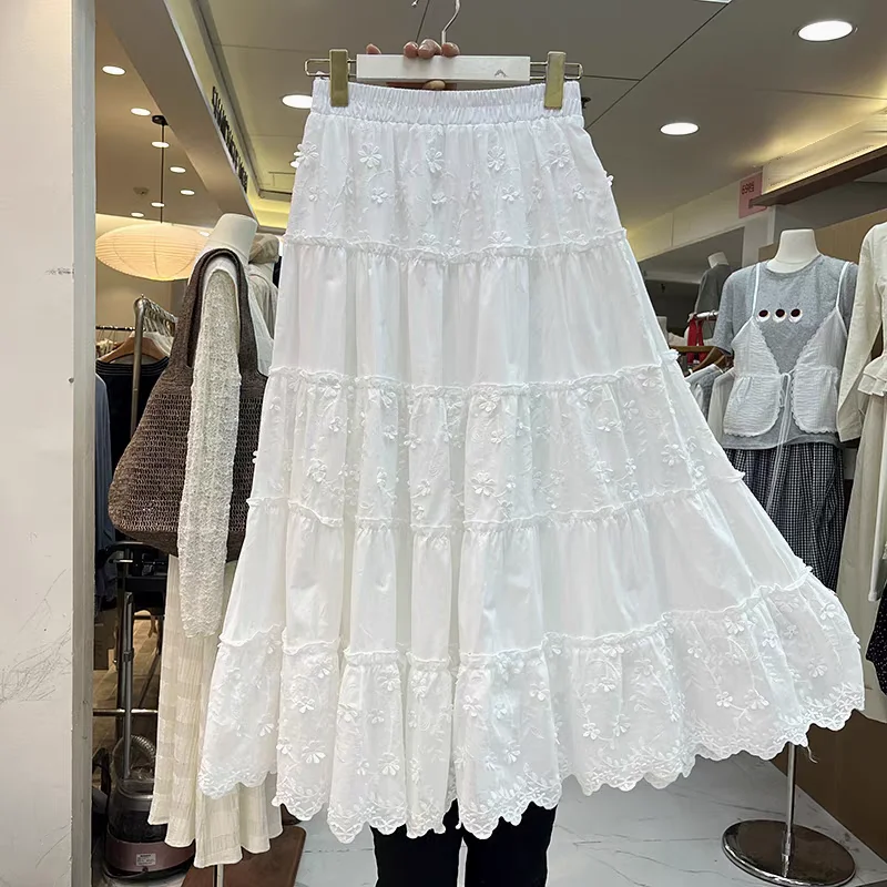 

New Spring Summer for Women Elegant Fashion A Line Midi Skirt Solid Embroidered Layer Cake Half Skirt High Waist Long Skirt