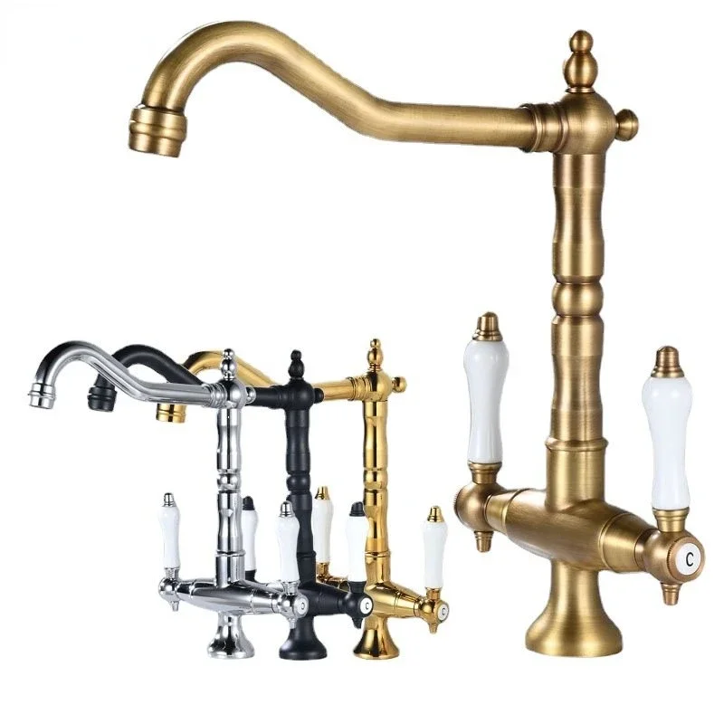 Faucet Kitchen Dual Handle Antique Brass Retro Faucet 360 Degree Rotation Kitchen Sink Taps Deck Mounted Bathroom Sink Mixer Tap