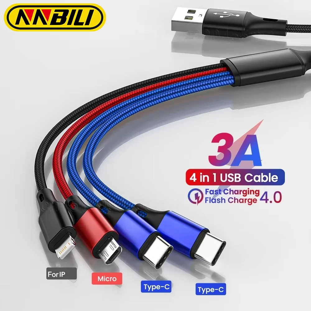 NNBILI 4-In-1 USB Cable 3A Type C Usb Micro For iphone 15 14 13 Pro Samsung Huawei Xiaomi Multi Port Multiple Charging Wire USBC