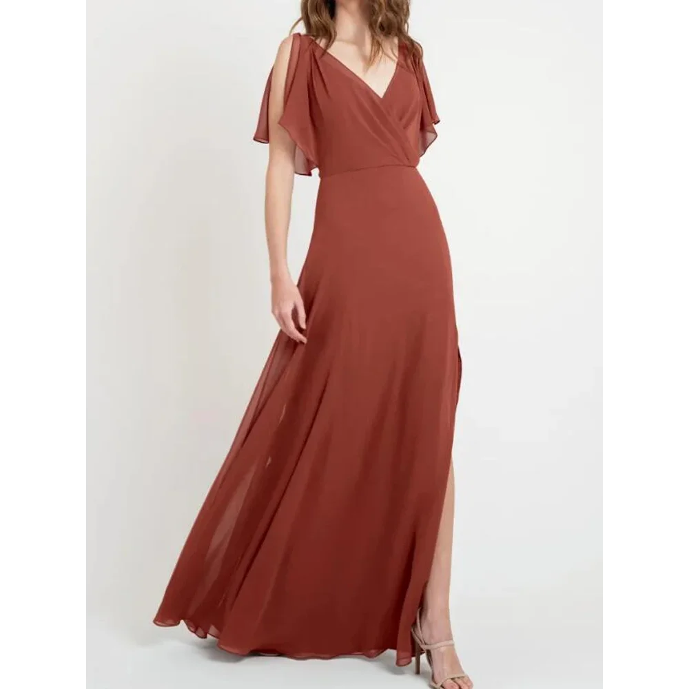 Terracotta Chiffon Bridesmaid Dress Summer Style Side Split Long Wedding Party Dresses