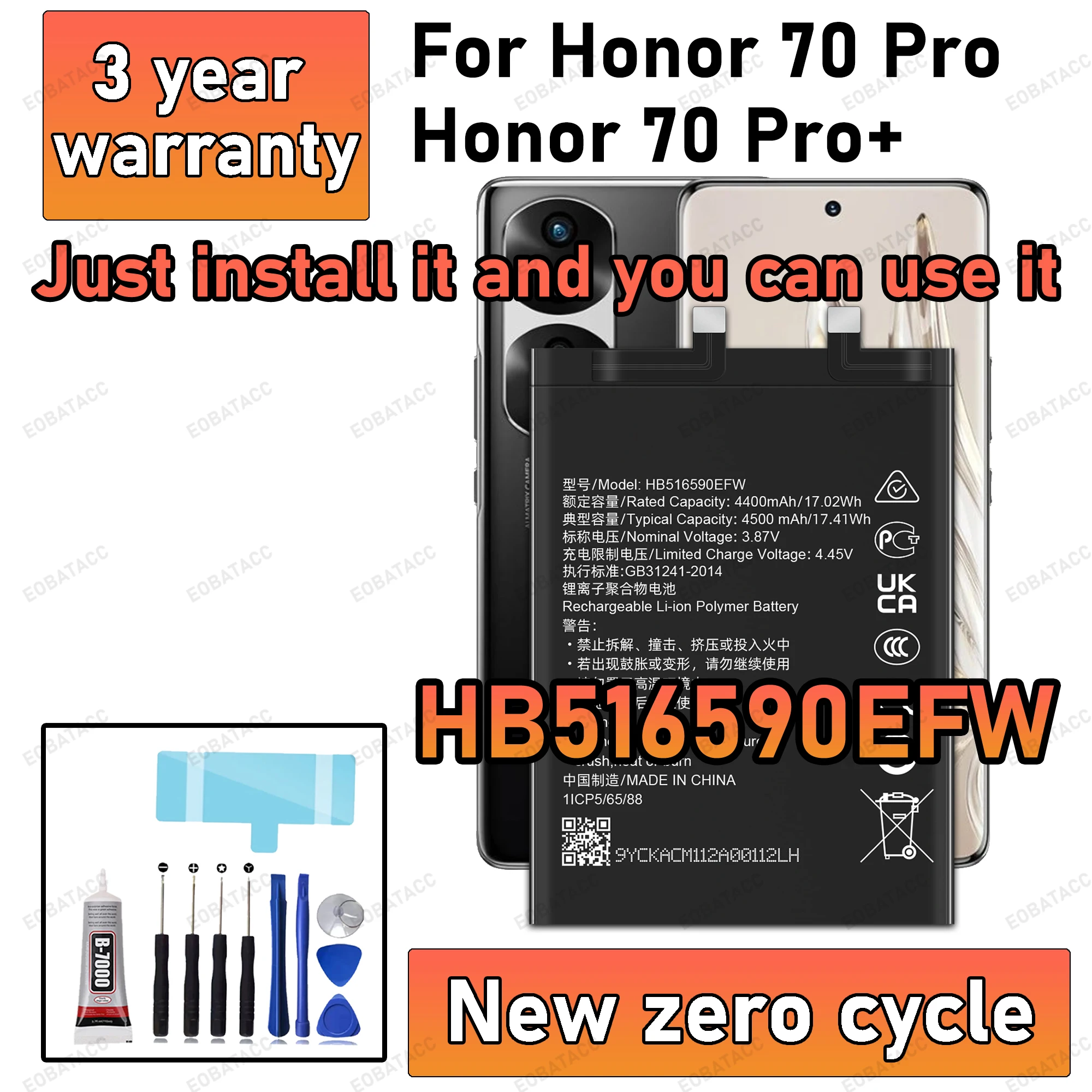 

100% New High Capacity HB516590EFW Battery For HONOR 70 PRO /HONOR 70 PRO+/HONOR 70 PRO PLUS Phone batteries batteria+Free Tools