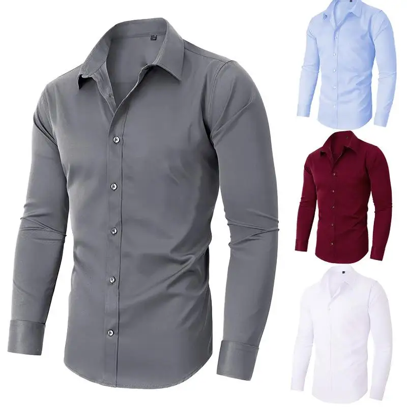 

Men's Formal Shirt Long Sleeve No Ironing Elastic Pure Color Button down Casual Business Dress Shirt Comfortable Fit