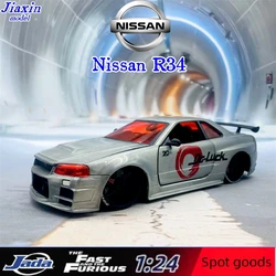 Модель модифицированного автомобиля Jada 1:24 2002 Nissan GTR R34 skyline JDM, модель с литым металлическим сплавом в честь 20-летия, коллекция подарков