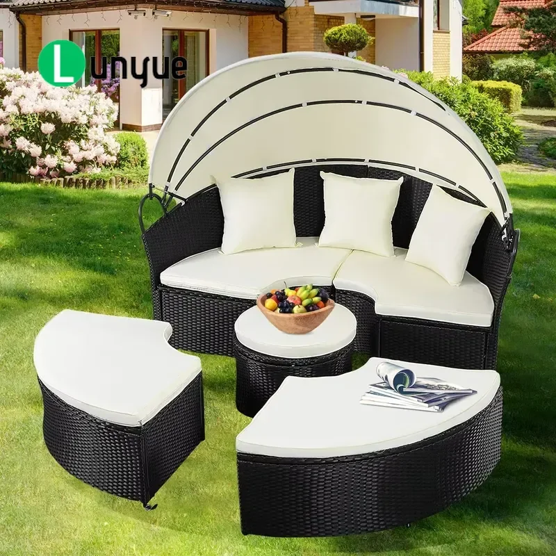 Outdoor Round Daybed with Retractable Canopy Wicker Rattan Patio Sofa Bed for Garden Lawn Poolside Furniture