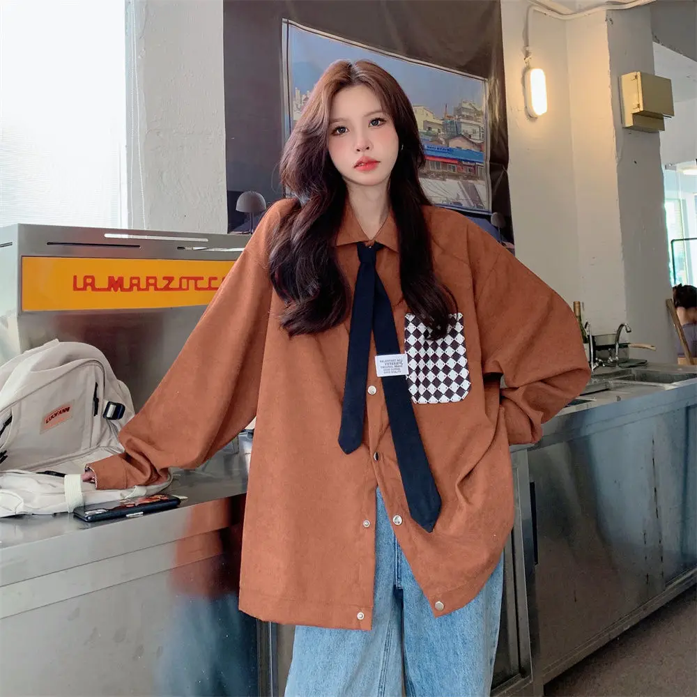 Tie Retro Contrasting Corduroy Shirt Jacket for Women\'s Spring and Autumn Loose Fit BF Lazy Style Long Sleeved Shirt Oversized