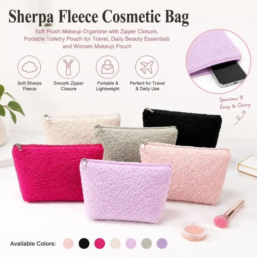 Portable Sherpa Fleece Cosmetic Bag Soft Texture Zipper Closure Makeup Pouch Makeup Organizer Beauty Essentials