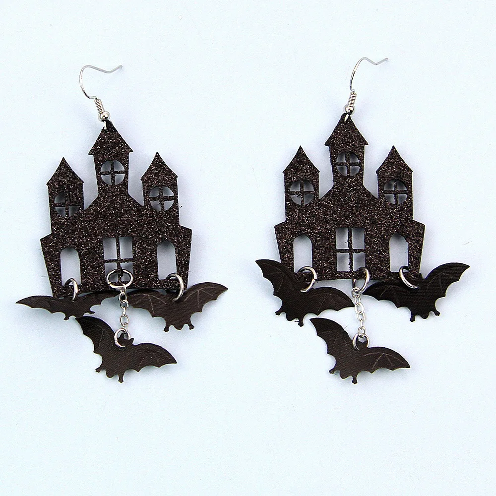 Dark Night Castle Frosted Non-woven Fabric Texture Bat Haunted House Shaped Earrings UNISEX Halloween Happy Party Earrings Gift