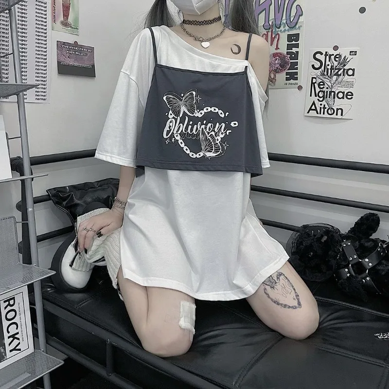 

Harajuku Spliced Constrast Color Fake Two Piece Summer Bow Print Short Tank Loose Casual T Shirts Sexy Off The Shoulder Clothes