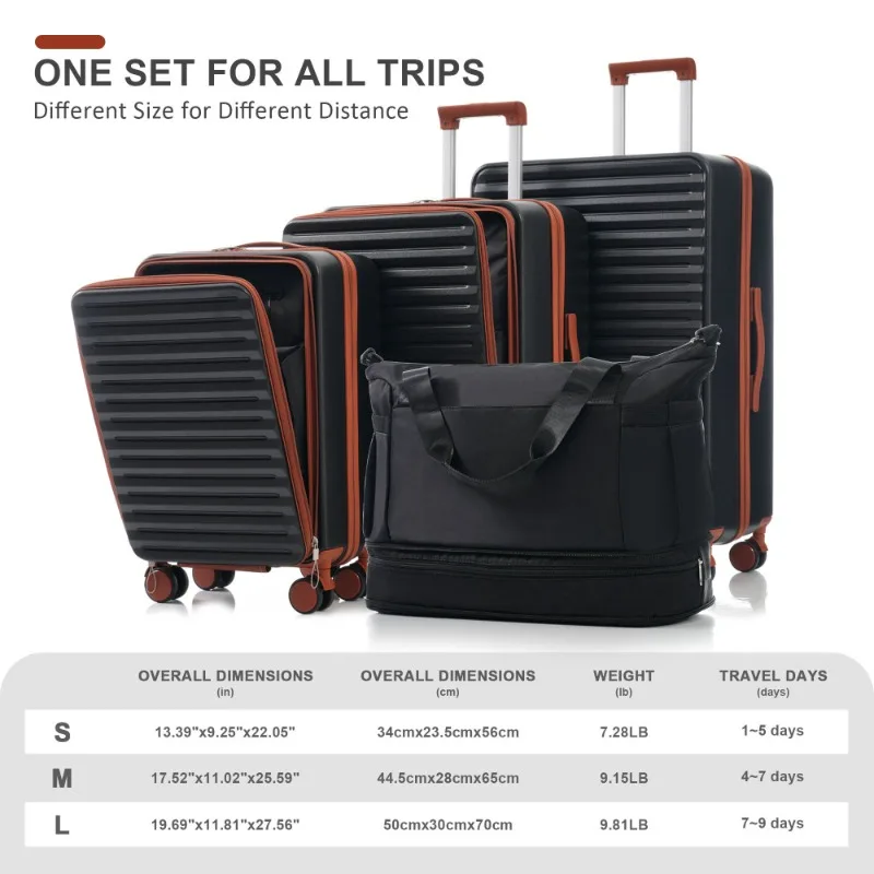 مجموعة أمتعة مكونة من 4 قطع 20/24/28/مجموعات وحقيبة ذات غلاف صلب مع قفل TSA وUSB وعجلة عالمية وحامل أكواب وأمتعة متدحرجة