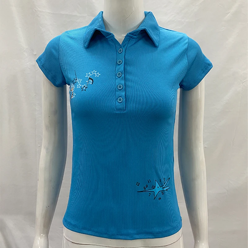 

Japanese college style blue polo shirt short sleeved t-shirt Y2K women's retro casual commuting subculture women's top Women's
