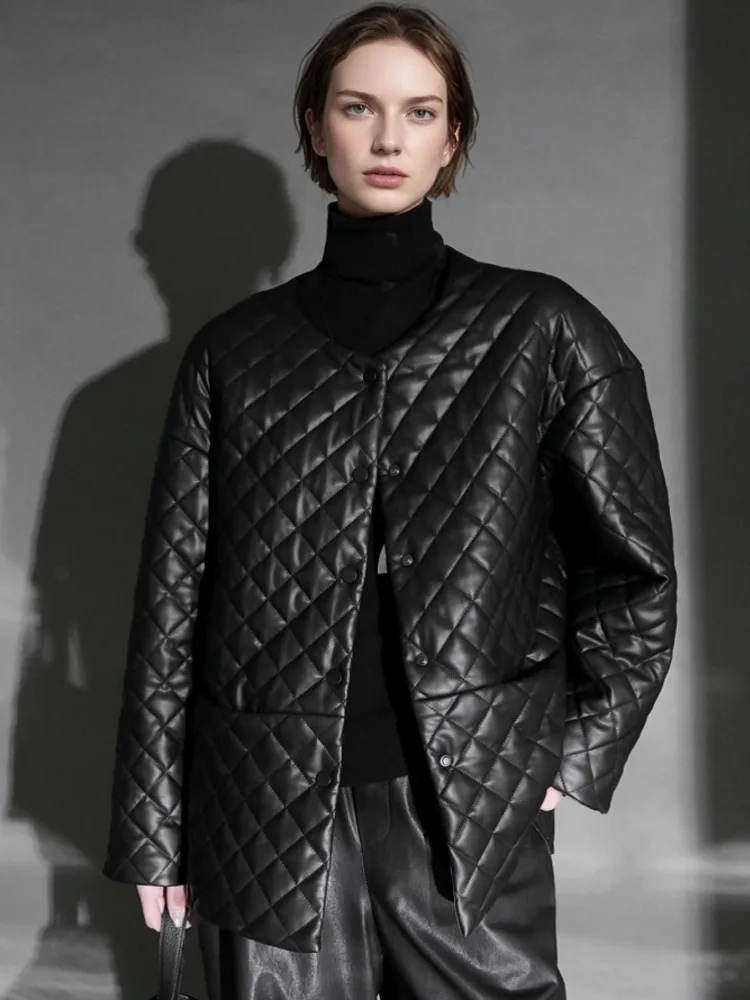 Fashion Women New Autumn Winter Diamond Grid Single Breasted Genuine Leather Jackets O Neck Reversible Sheepskin Warm Outerwear