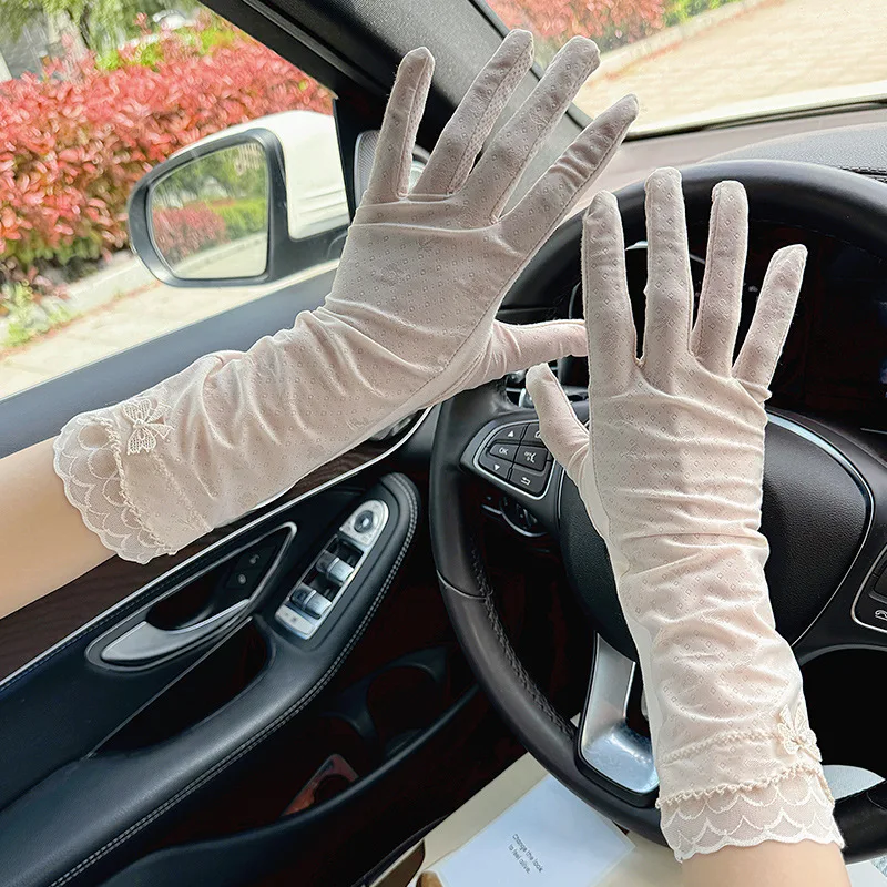 قفازات واقية من الشمس من الحرير الجليدي للنساء متوسطة إلى طويلة للصيف أثناء القيادة وركوب الدراجات ومضادة للانزلاق وشاشة تعمل باللمس ومقاومة للأشعة فوق البنفسجية ورقيقة ومسامية