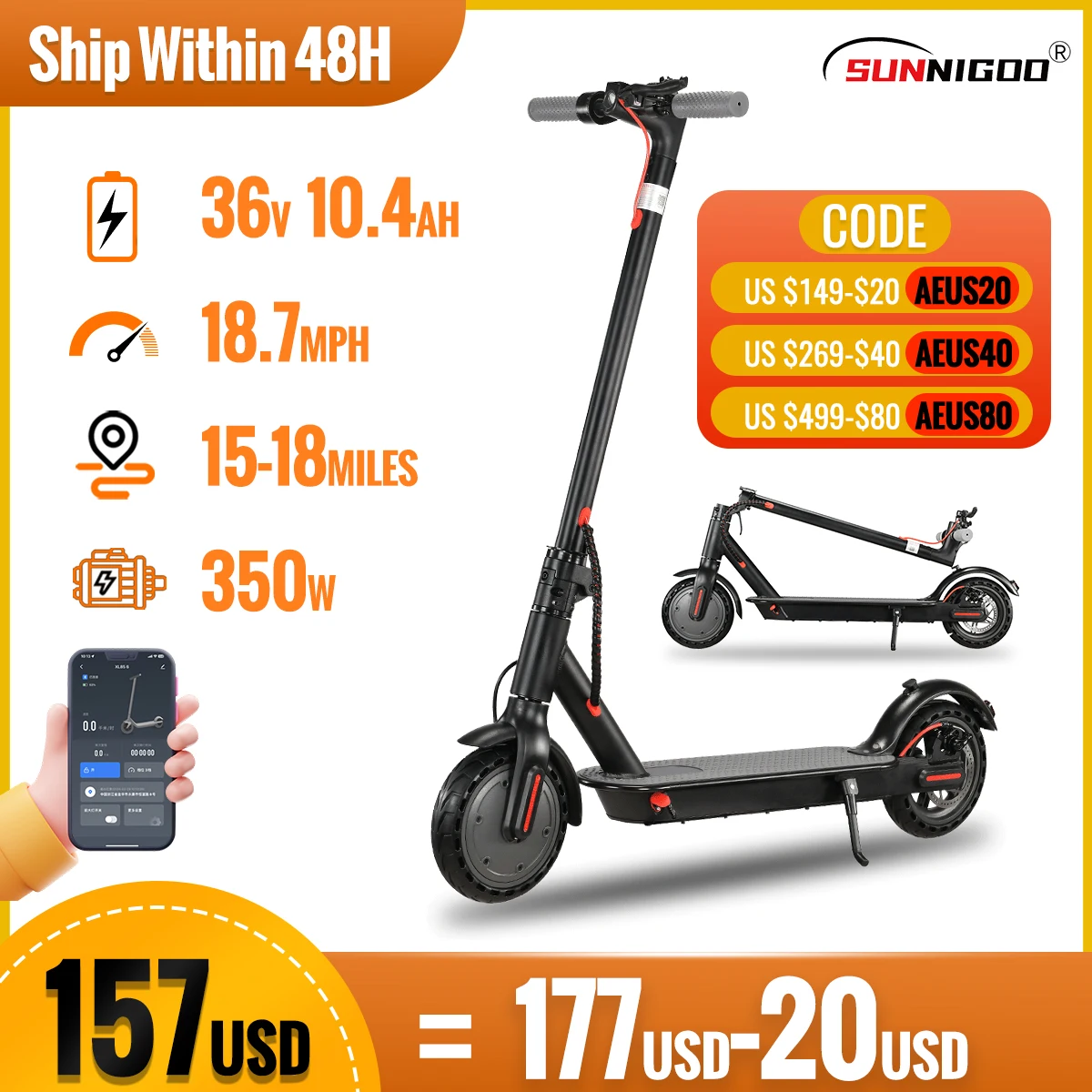 Scooter 10.4Ah Long Range Electric Lightweight 30km 36V with