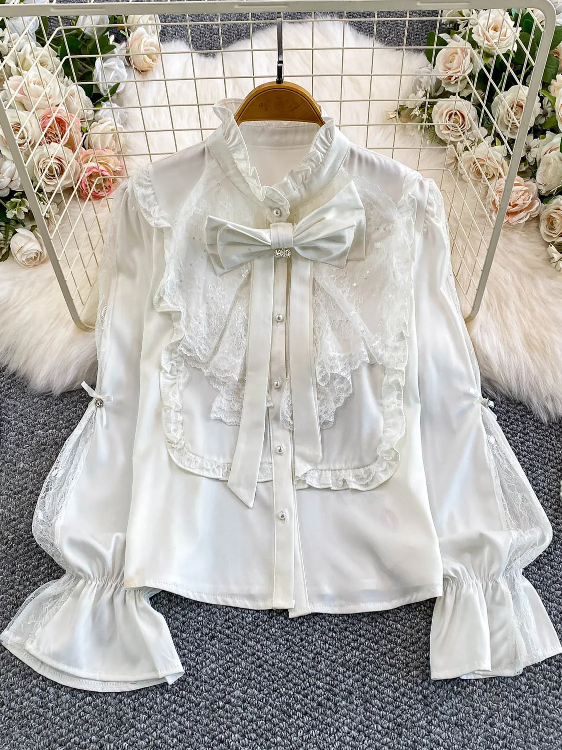 

Ретро Ele Lace Splicing Bell Sve irt Женский топ с шелковой поверхностью Sweet Knot для девочек Faion Летняя блузка