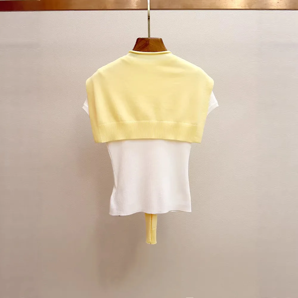 High Street Tees Tshirt Women's Spring and Summer New Style French Sweet Shawl Slim Fit Knitted Sweater T-shirt Top