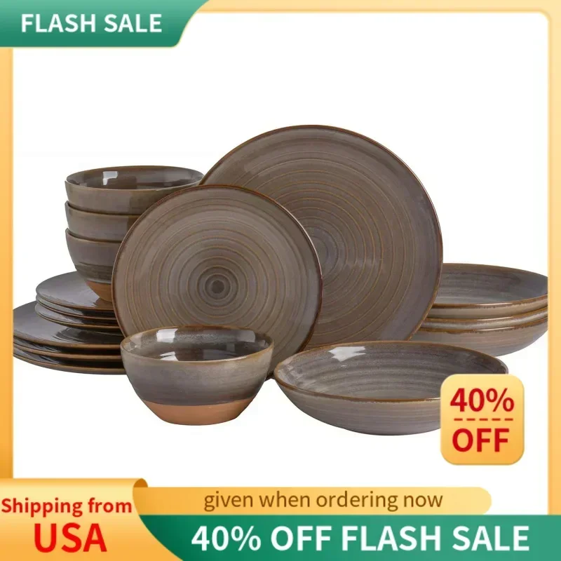 QWGibson Elite 16 Piece Dreamweaver Double Bowl Terracotta Reactive Dinnerware Set - Earthy Brown,Service for 4 (16pcs)