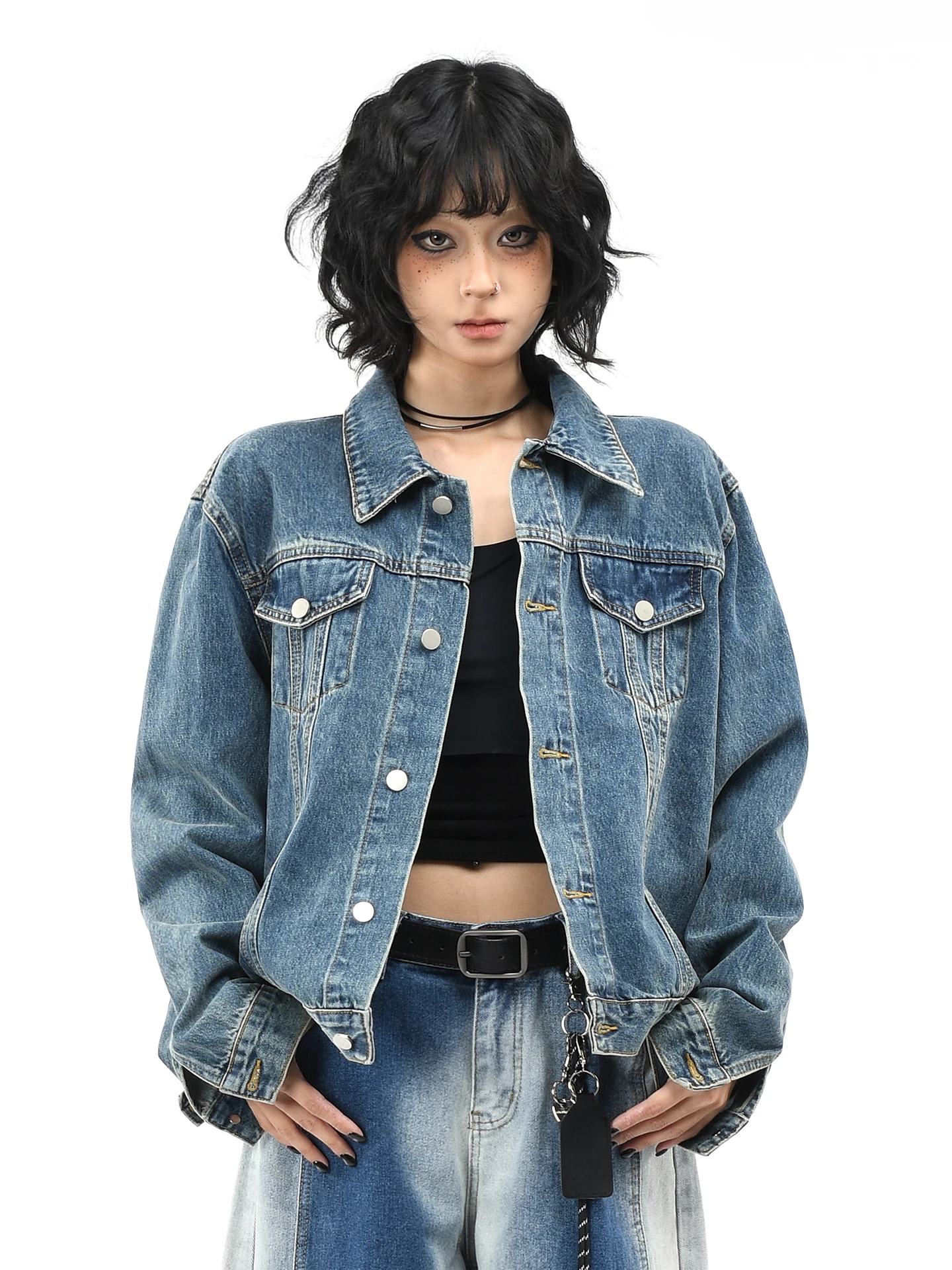 

OV Original American Retro Waed Denim Jaet ex Street Sle Casual ort Coat Trendy Cotton Blend Straight Cut