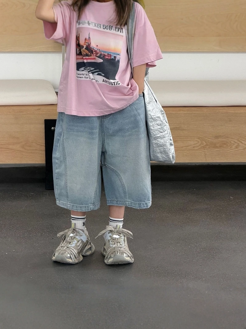2026年夏-ウォッシュドデニムショートパンツ-男の子用-無地-カジュアル-多用途-キッズジーンズ-トレンド-ファイブクォーター-薄手-ウエストゴム入り