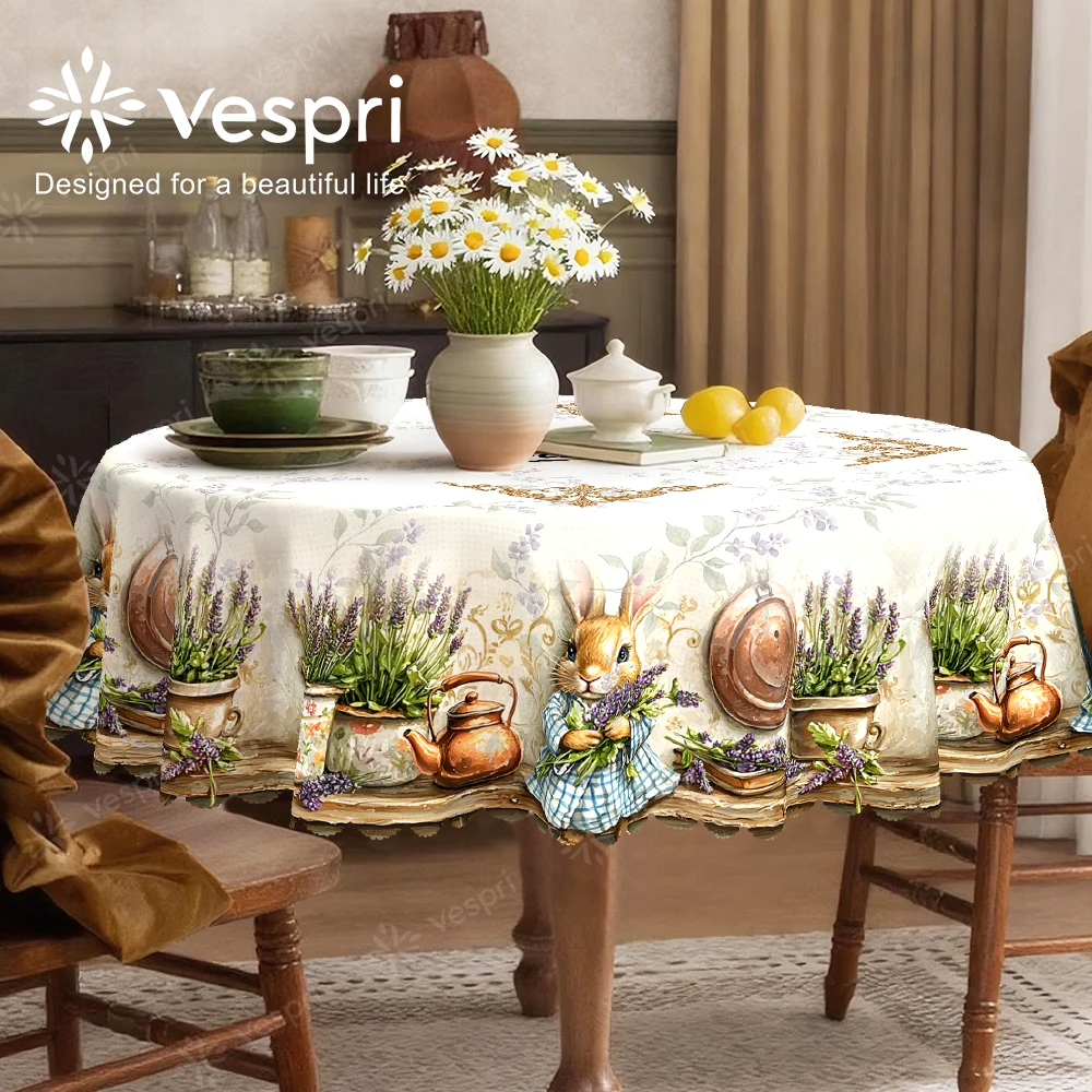 Vespri Easter Tablecloth Decor with White Purple Rabbit Lavender Kettle Print, Round Rectangle Oval Shape for Party Table Linen