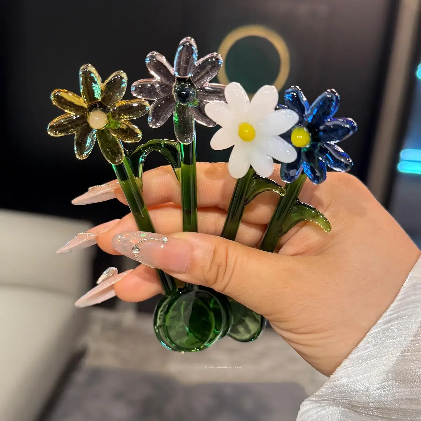Creative Colored Flower Glass Spoon Coffee Stirring Spoon Long Handle for Afternoon Tea Borosilicate Glass Heat-resistant Glass