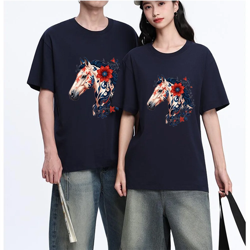Horse Head With Red Flower Pattern Printed T Shirt Breathable Fabric S-XXL Personalized Custom T Shirt Casual Short Sleeve Tee A
