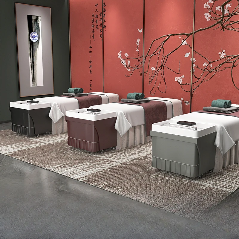 Le lit de beauté comprend un bassin de shampoing séparé et un bassin de traitement à tête mobile à circulation d'eau