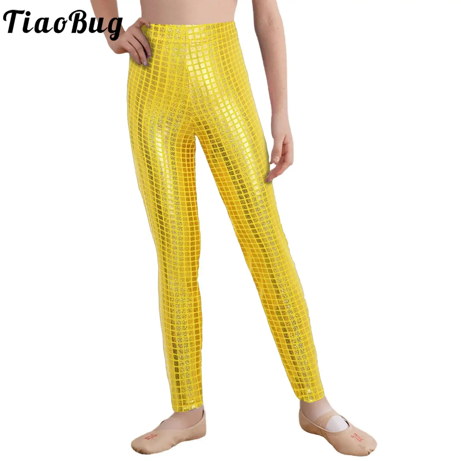 

Брюки для джазовых танцев металлик для девочек, блестящие леггинсы с эластичным поясом для школьного шоу, вечеринки, гимнастики, черлидинга, сценического выступления