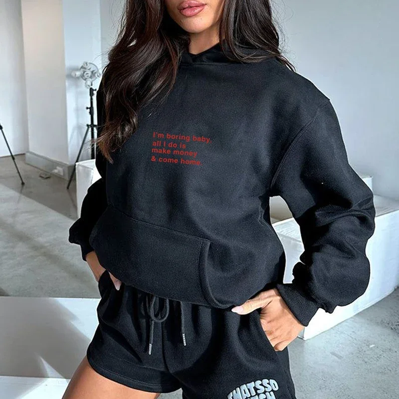 Women's Minimalist Hooded Sweatshirt Text Pattern Loose Warm Fashion Trend For Fall And Winter Season