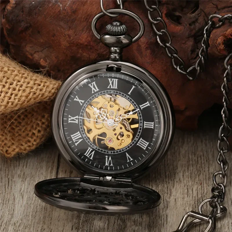 Antique Black Hollow Spider Web Hand Winding Mechanical Pocket Watch Luxury Roman Numerals Display FOB Chain Pendant Clock Gift