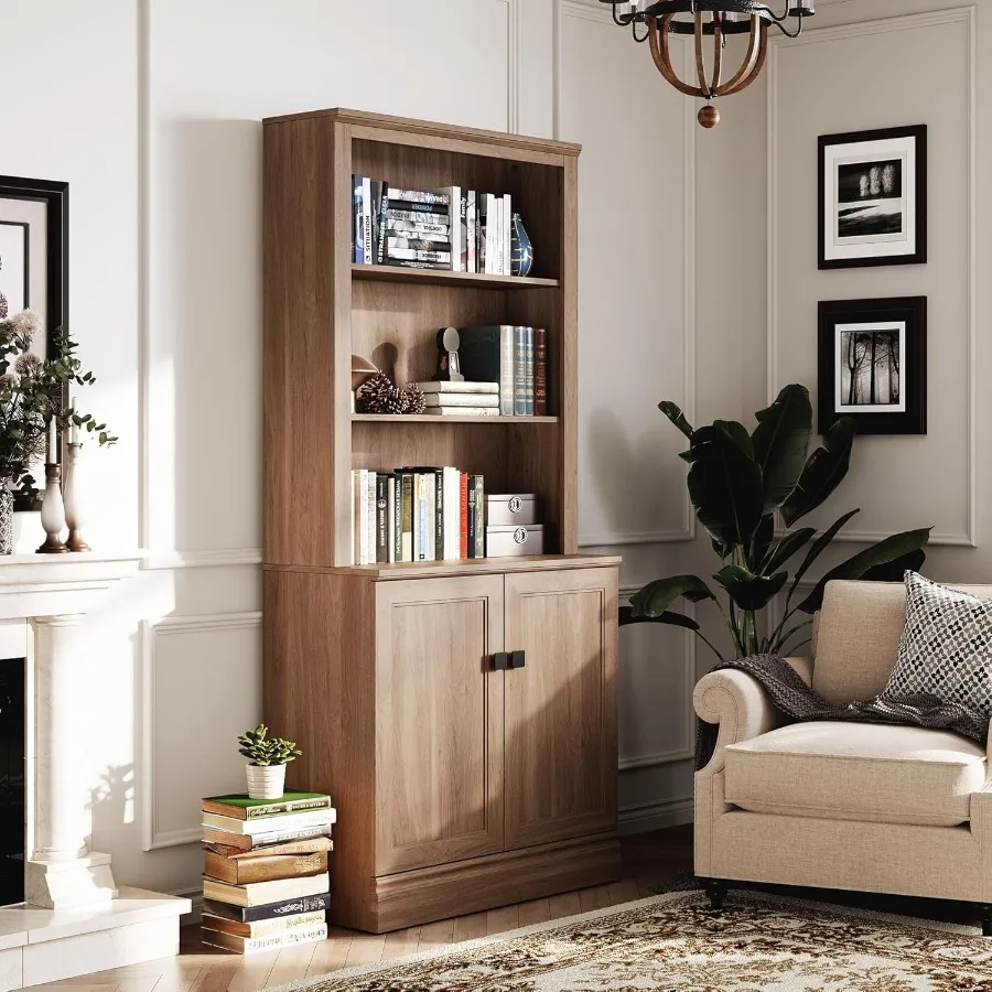 72 in Tall Bookshelf 5 Tier Bookcase with Adjustable Shelves Oak Book Shelf with Storage Cabinet Wood Freestanding Display Book