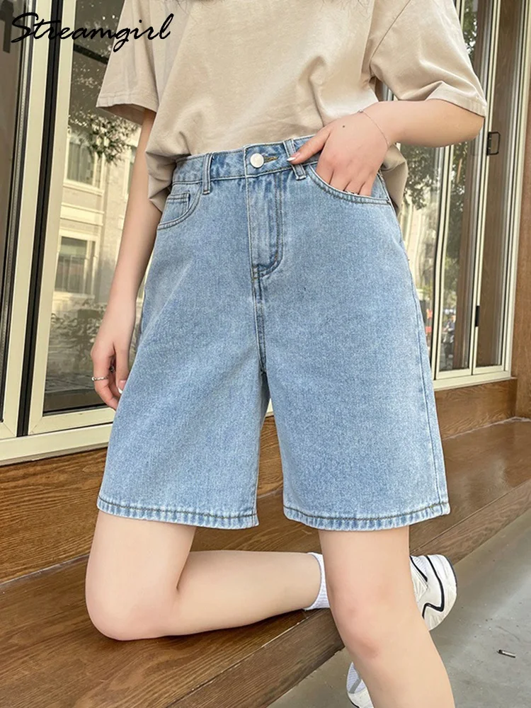 Streamgirl High Waisted Jeans Shorts Women 2023 Vintage Shorts Denim Loose Female Short Straight Jeans Shorts For Women Summer