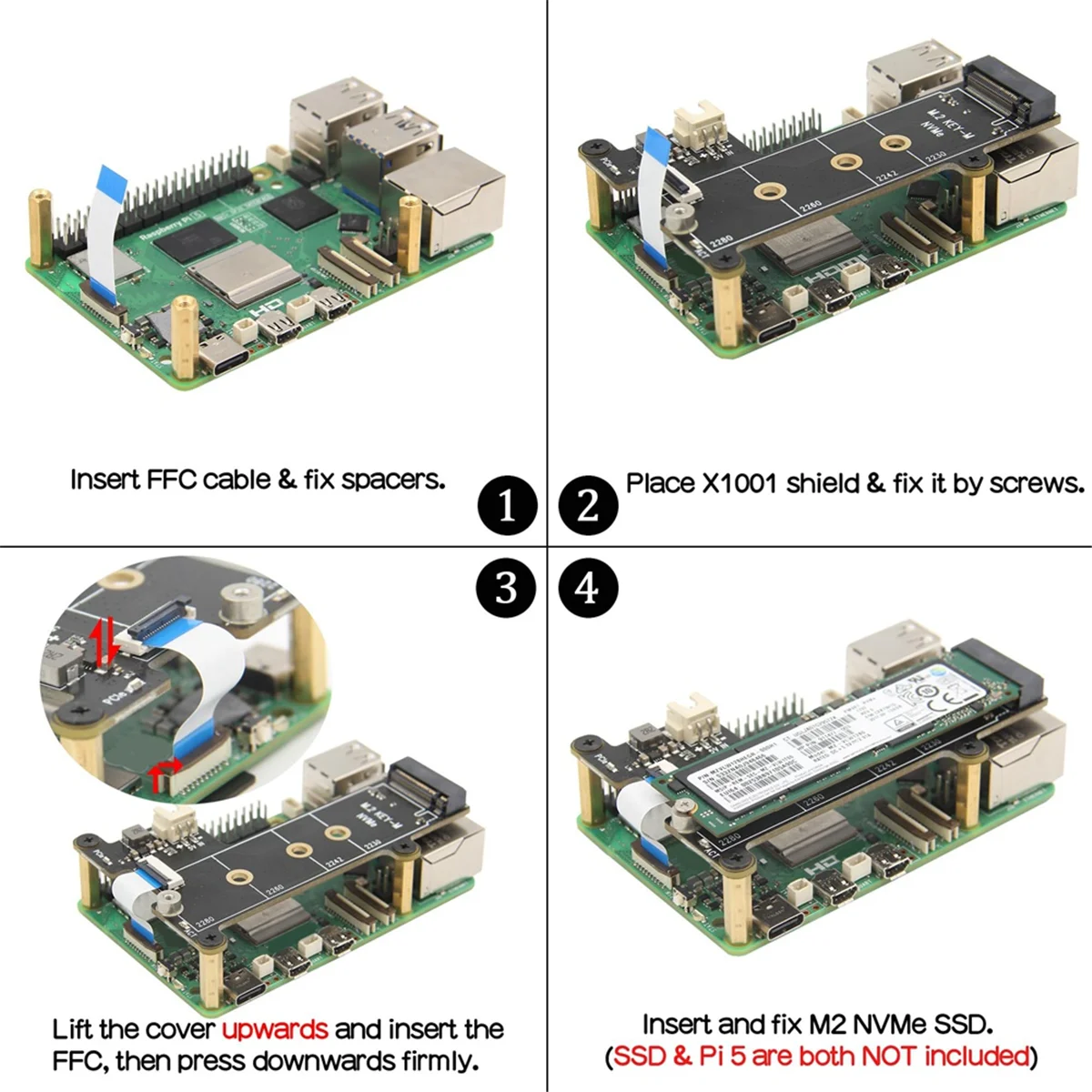 X1001 M.2 NVMe SSD Shield PCIe Peripheral Board Compatible with for Raspberry Pi 5