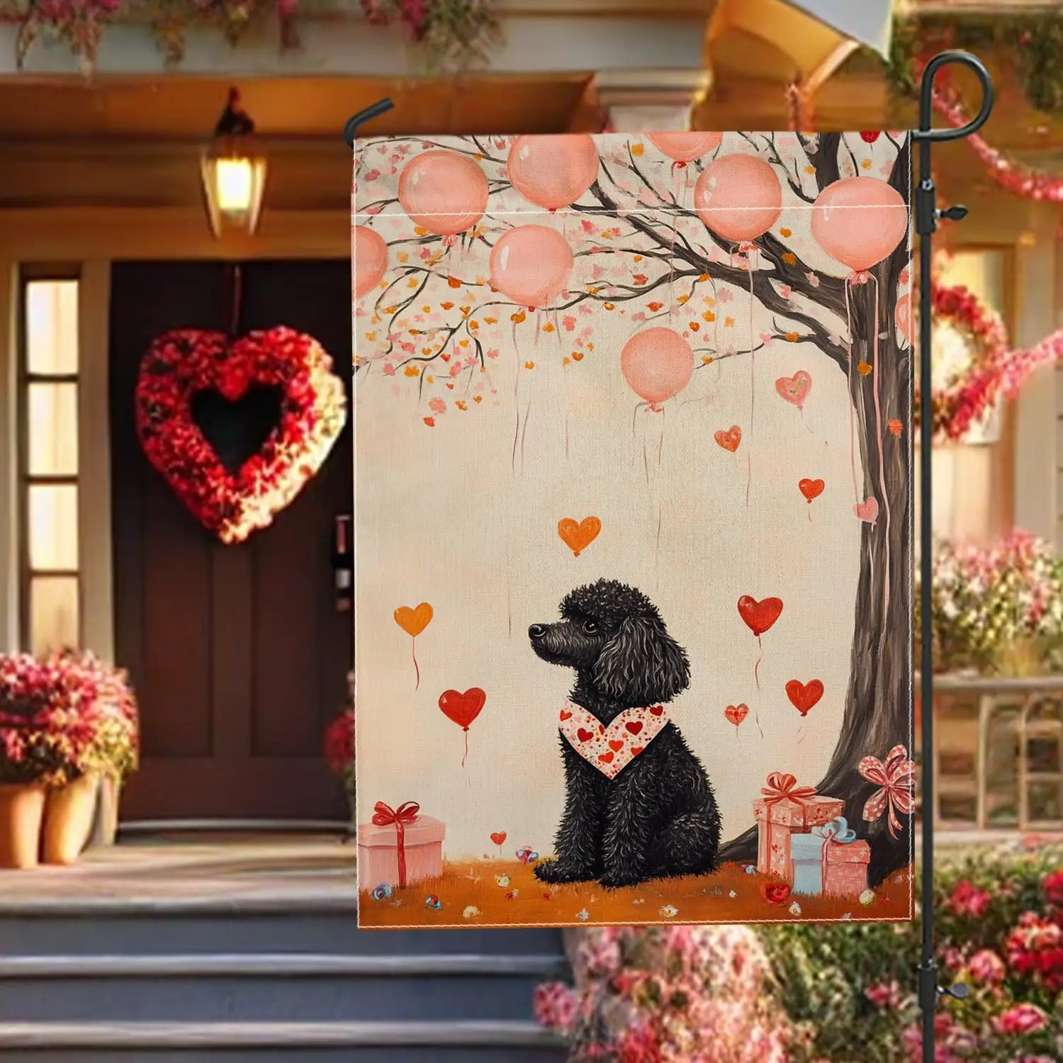 Valentine's Day Dog Garden Flag, Black Poodle with Balloons and Hearts Outdoor Decor, Double Sided Burlap Floral Flag fo CCL jjp