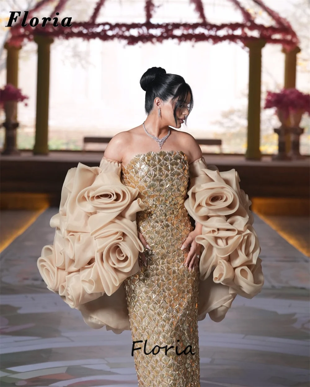 블링 블링 골드 페르시 연예인 드레스 프릴 어깨 아랍어 크리스탈 이브닝웨어 가운 웨딩 파티 드레스 맞춤형