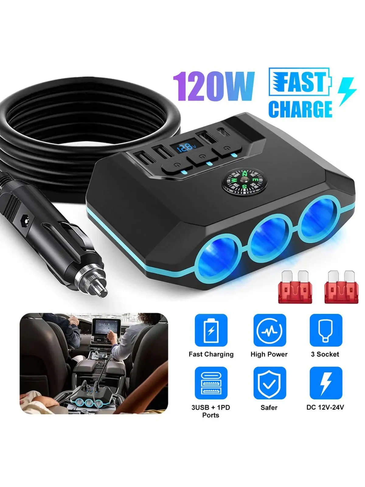

120W Car Phone Charger, 7-in-1 Car Splitter with Switches, USB & PD Ports, LED Voltage Display, External Fuse Installation