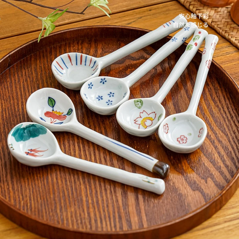 

Ceramic Soup Spoon Japanese Style Tableware Long Handle Spoons Kitchen Household Cute Creative Coffee Jam Dessert Scoop New