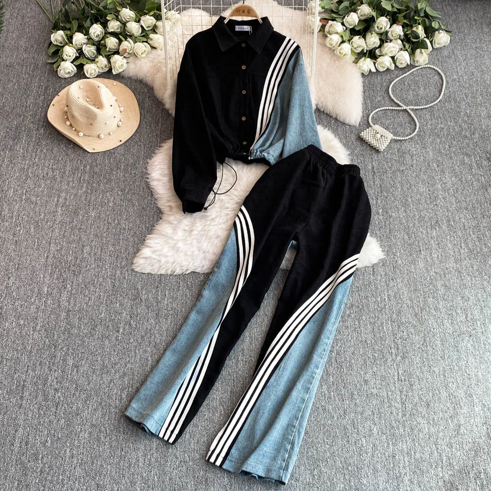 Autumn Winter Denim Pants Set Fashion Temperament Denim Splicing Design Jacket + Wide-leg Striped Pants Clothing Suits