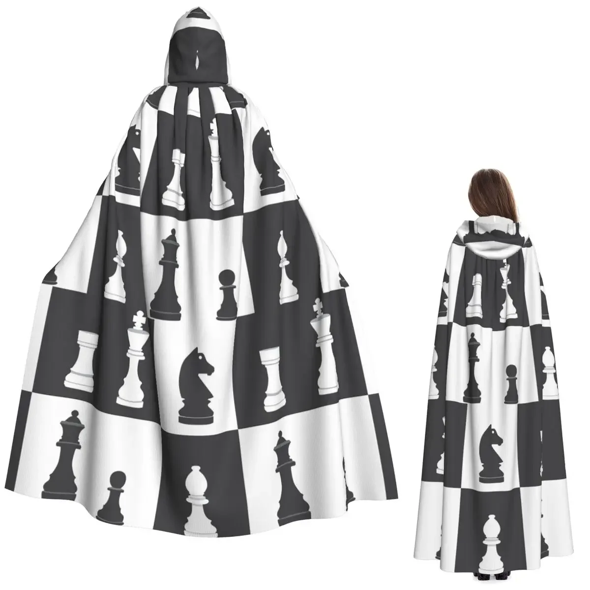 Custom Chess Pieces On Board Long Hooded Cloak Witch Medieval Costume Cosplay Cape HalloweenVampire Adult Unisex