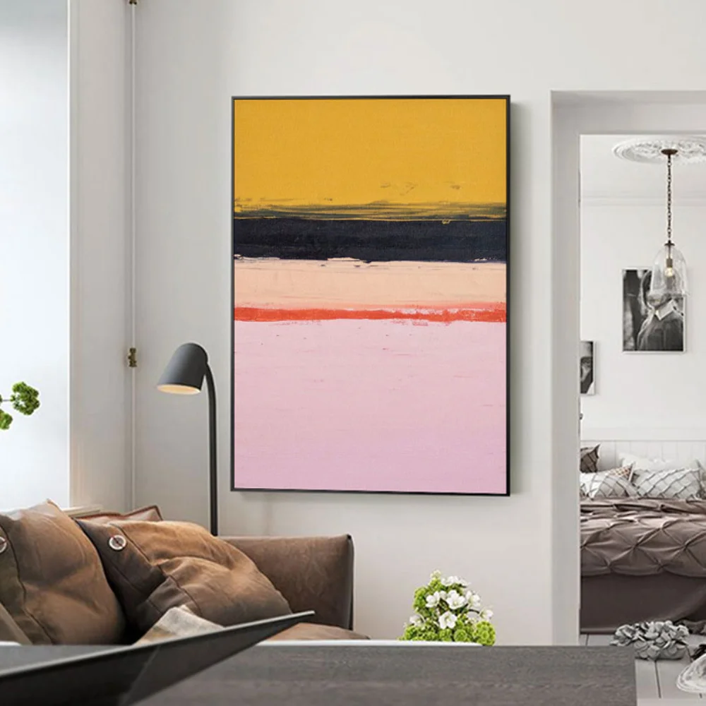 فن قماش حديث مرسوم يدويًا على الطراز الشمالي - لوحة زيتية بدون إطار باللون الأصفر والأسود والوردي لغرفة المعيشة وغرفة النوم،