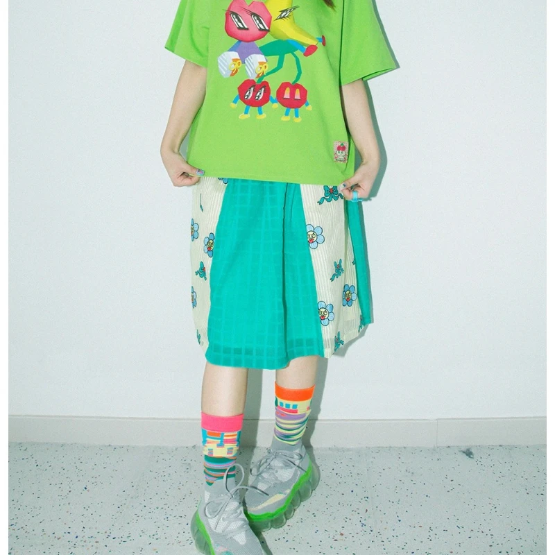 Original Design Striped Fluorescent Color Women's Calf Hosiery Autumn New Asymmetric Candy Color Cotton Mid-Calf Socks Ladies