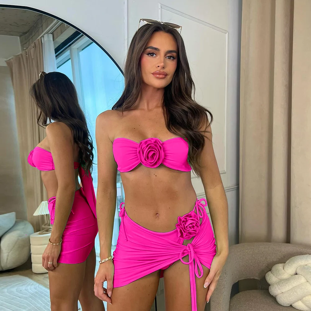 3ピース レディース 花柄 レースアップ 2024 プッシュアップ パッド入りブラ レッド ビキニセット 水着 スイムウェア 水着 ビーチウェア ビキニ 女性用