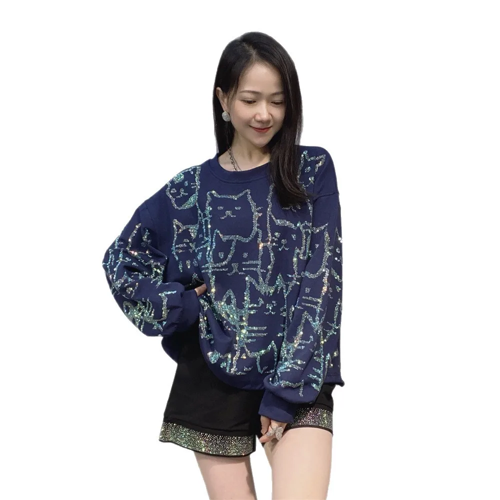 Trendy Brand Long Sleeve Top Women Rhinestone Short Sweatshirt Round Neck Autumn New Fashion Versatile Loose Sports Shirt
