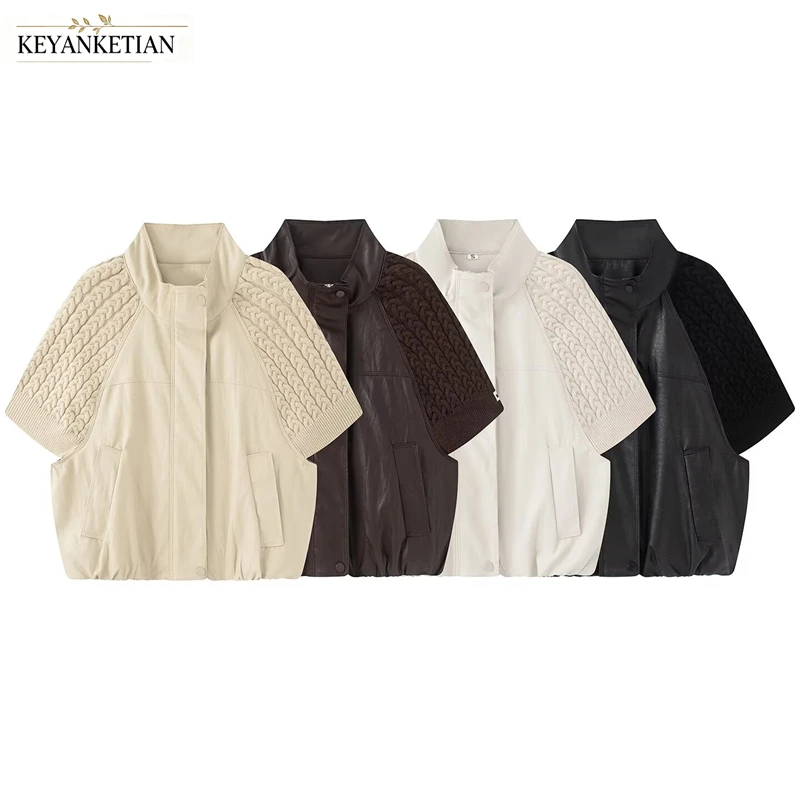 KEYANKETIAN Women Vintage PU Leather Spliced Knit Short Sleeve Jacket Stand Collar Button Down Casual Cropped Outerwear Coat