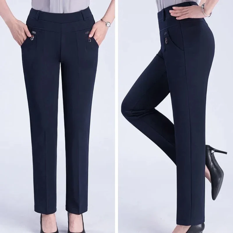 Women's Clothing Spring Autumn Elastic High Waisted Rhinestone Trousers Solid Color Pockets Casual Pencil Trendy All-match Pants