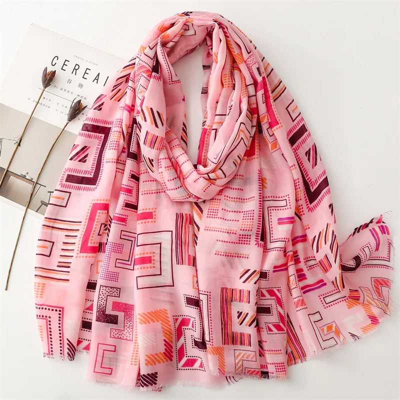 Spain Fashion Geometric Letter Fringe Viscose Shawl Scarf Lady High Quality Wrap Pashmina Stole Bufandas Muslim Hijab 180*90Cm