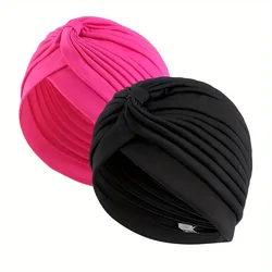 2pcs/lot Stretch Turbans Head Beanie Cover Twisted Pleated Headwrap Assorted Colors Hair Cover Beanie Hats for Women Girls