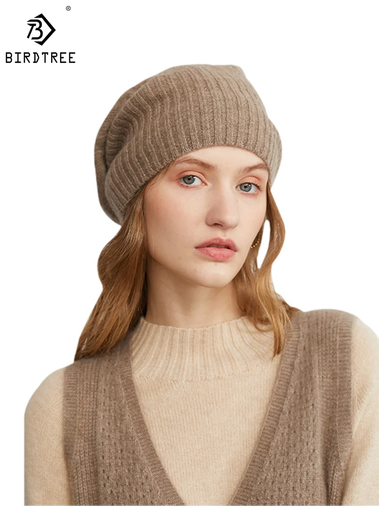 

Birdtree 100%Goat Cashmere Knitted Hat Ear Protective Warm Thick Fashion Pile Cap Solid Color Adult Knit Cap Winter New A3N323QM