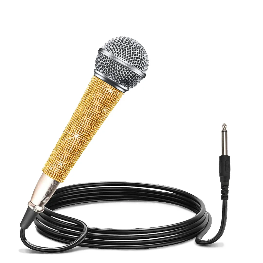 Shiny Luminous Golden Handheld Cardioid Dynamic Vocal Mic , 12ft Cable, Adaptors, Spherical Grille for Speakers and Performance