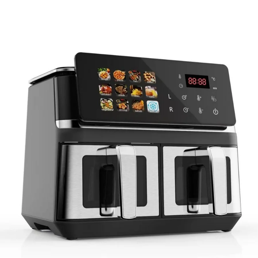Foreign Trade Visual Square Stainless Steel Large-capacity Electric Air Fryer Multifunctional Smart 10L Dual-tank Home Use
