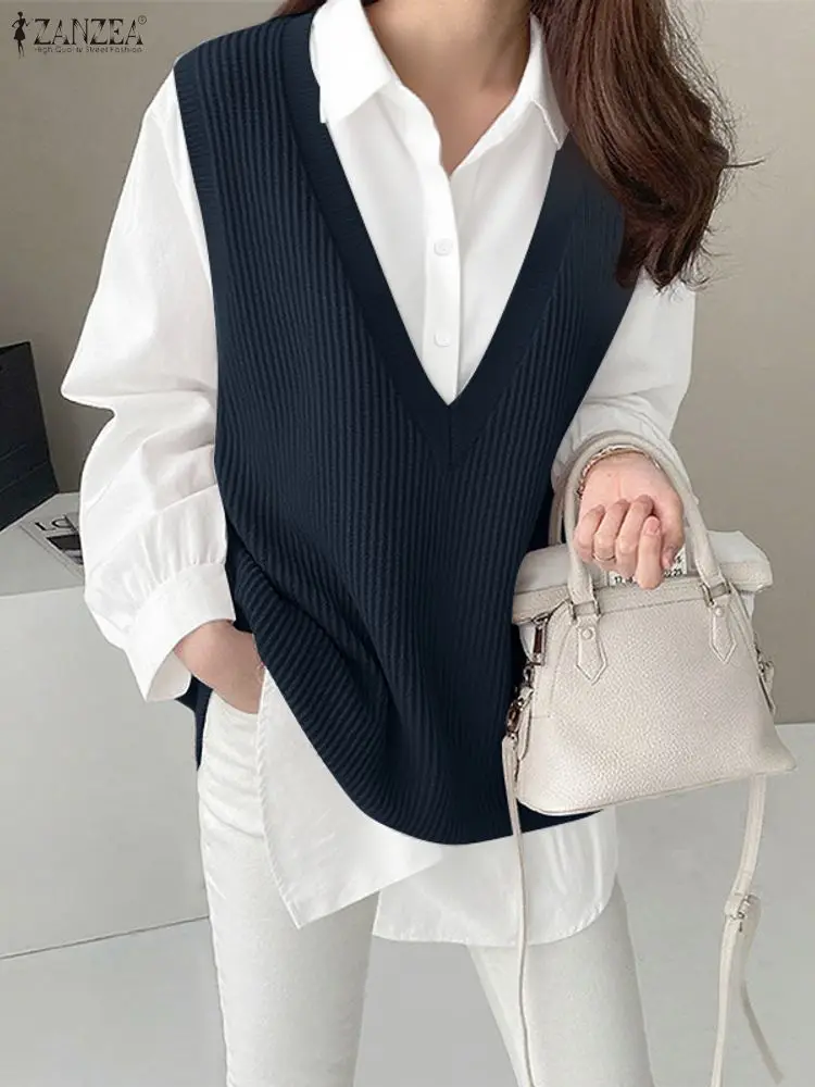 2025 ZANZEA Autumn Elegant Lapel Neck Long Sleeve Office Shirt Blouses Women Patchwork Tops Stylish Fake 2 Pieces Pullover Mujer